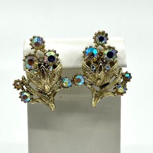 VTG Coro Aurora Borealis Rhinestone Floral‎ Clip On Earrings Gold Tone Classic